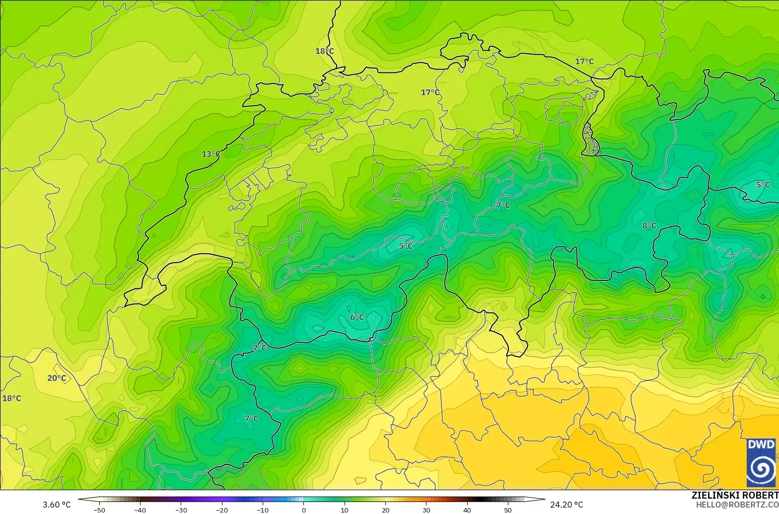 ICON model - Switzerland, Temperature at 850hPa