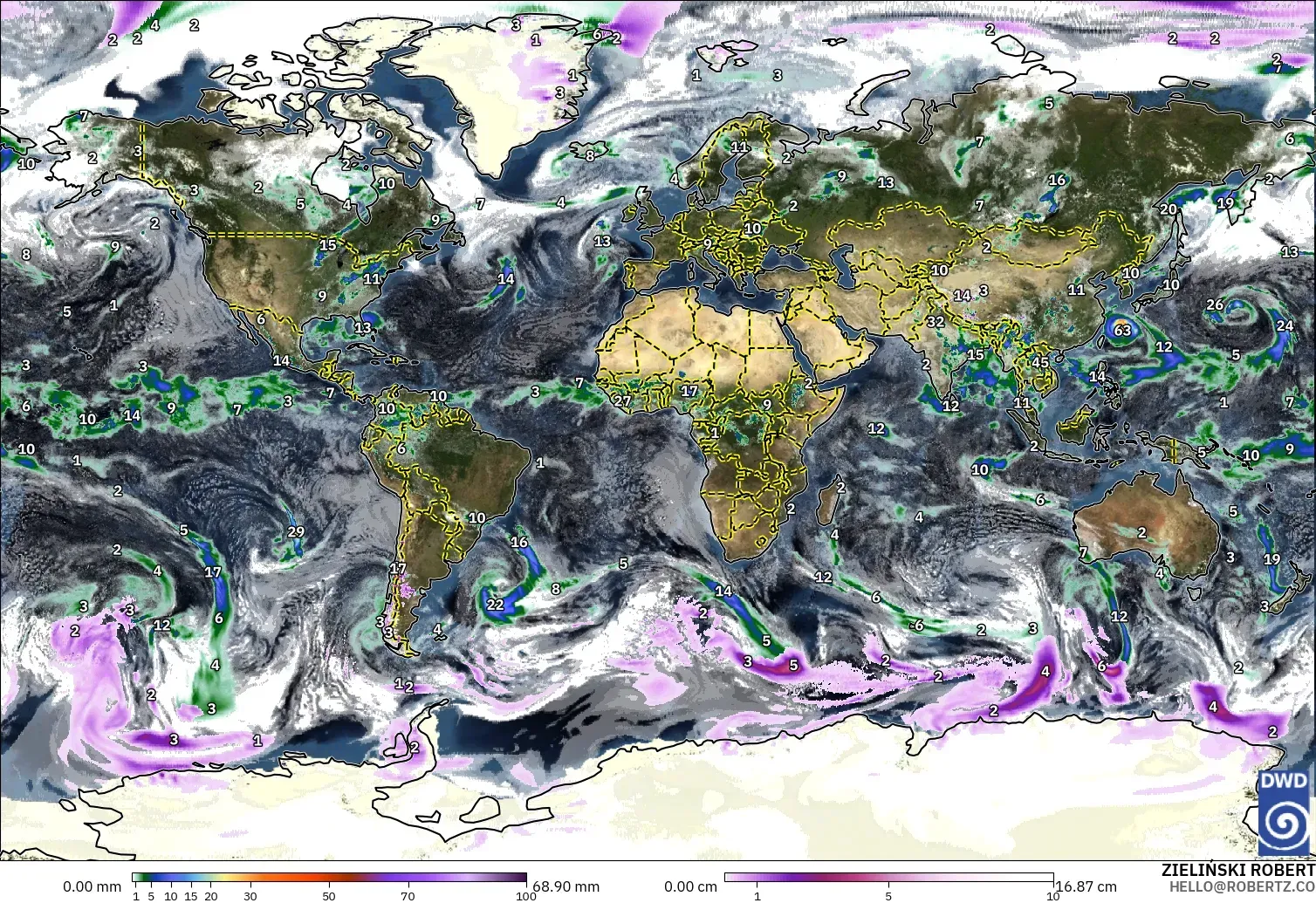 ICON model - World, Precipitation, Clouds, and Pressure