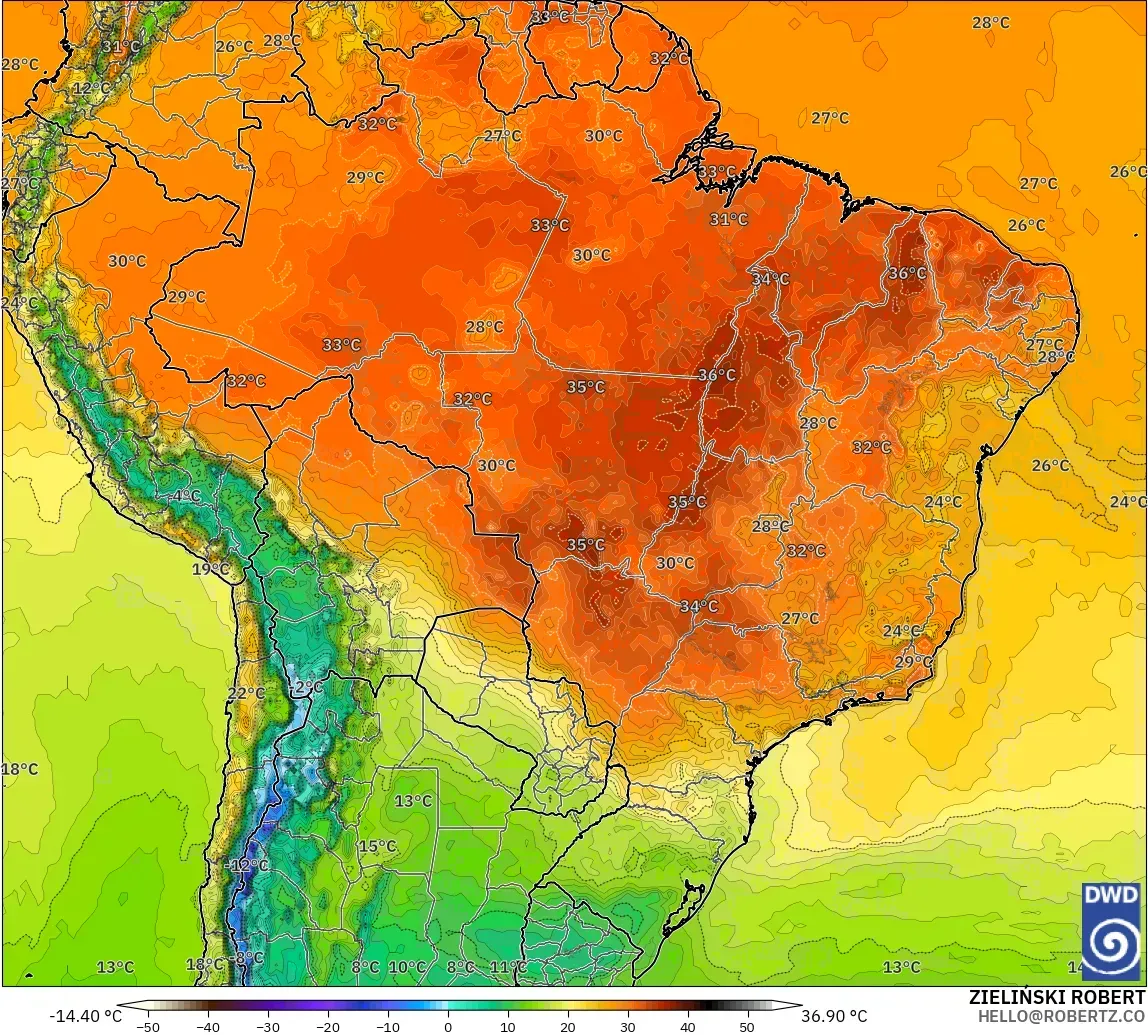 ICON model - Brazil, Temperature at 2m