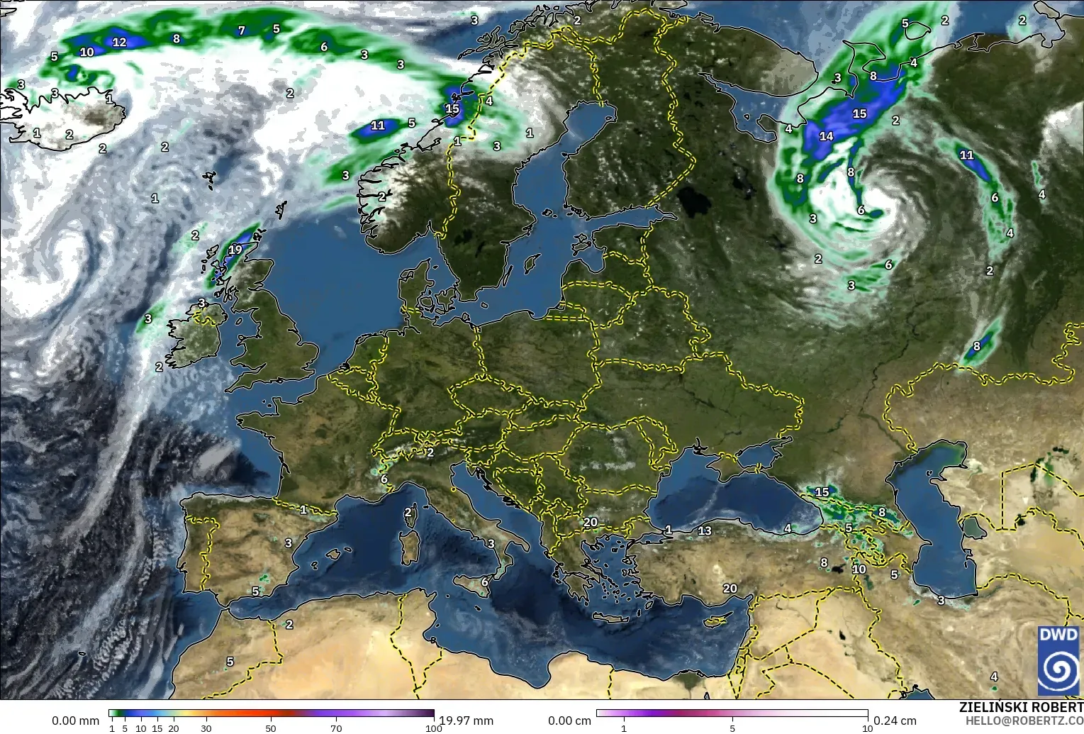 ICON model - Europe, Precipitation, Clouds, and Pressure