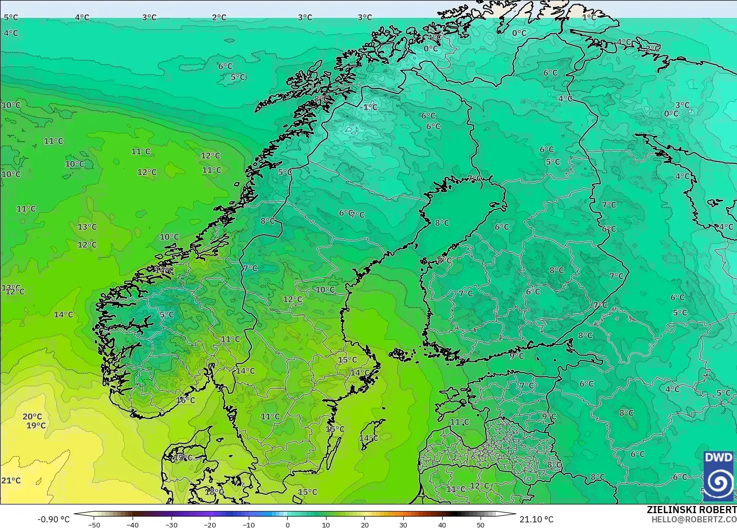 ICON model - Scandinavia, Temperature at 850hPa