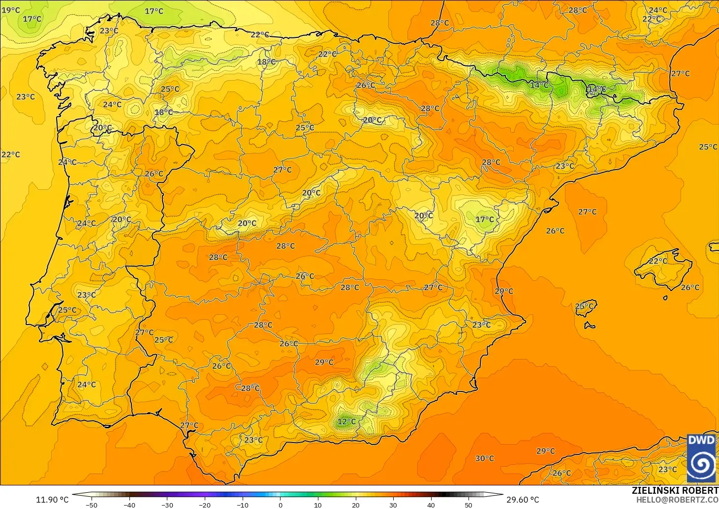 ICON model - Spain, Temperature at 850hPa