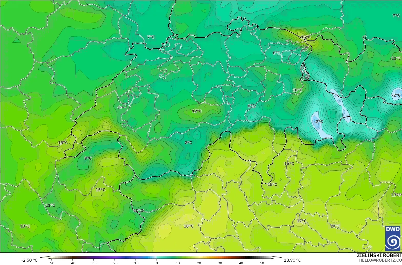 ICON model - Switzerland, Dewpoint at 2m