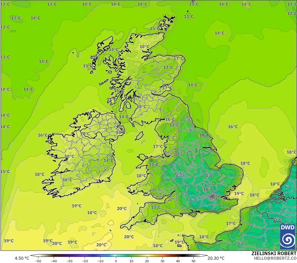 ICON model - United Kingdom, Dewpoint at 2m