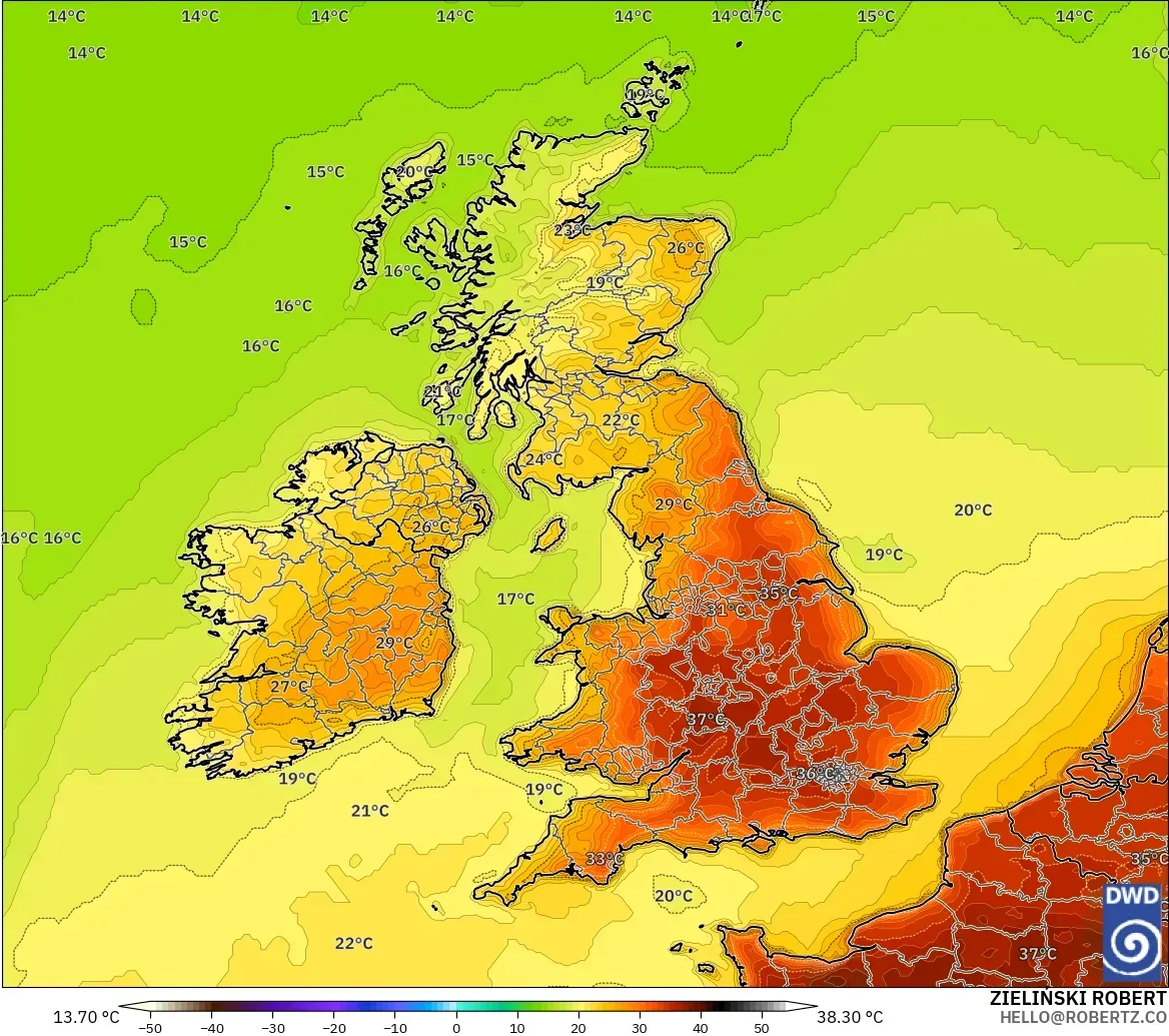ICON model - United Kingdom, Temperature at 2m