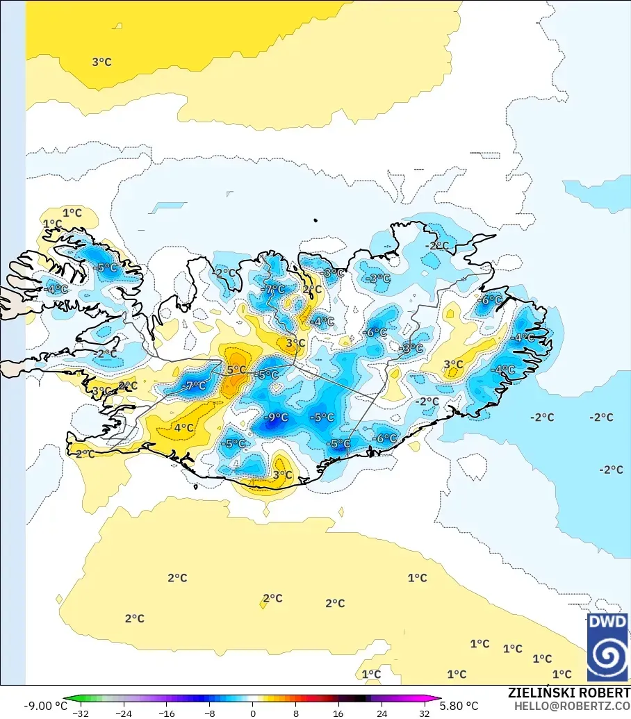 ICON model - Iceland, Temperature at 2m Anomaly