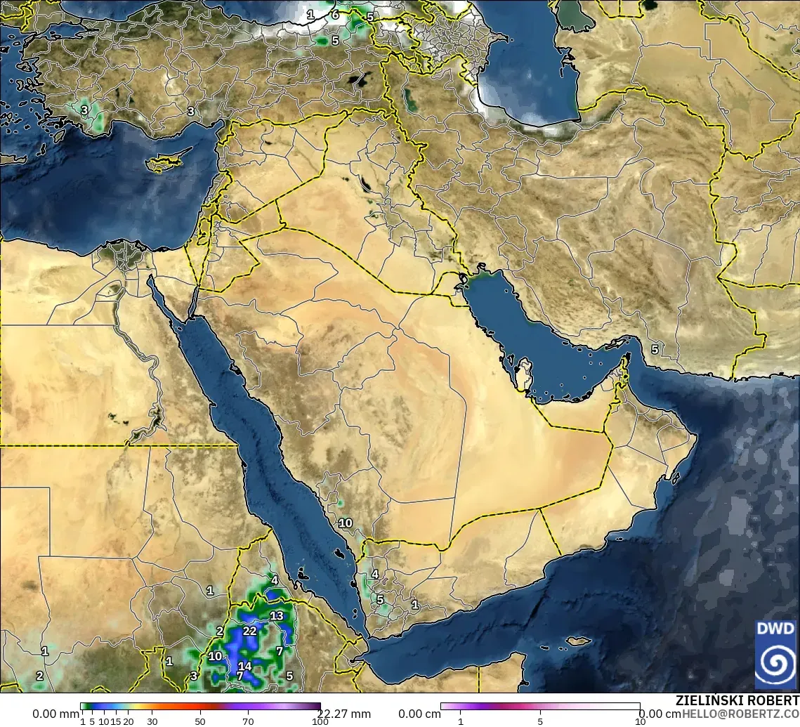ICON model - Middle East, Precipitation, Clouds, and Pressure