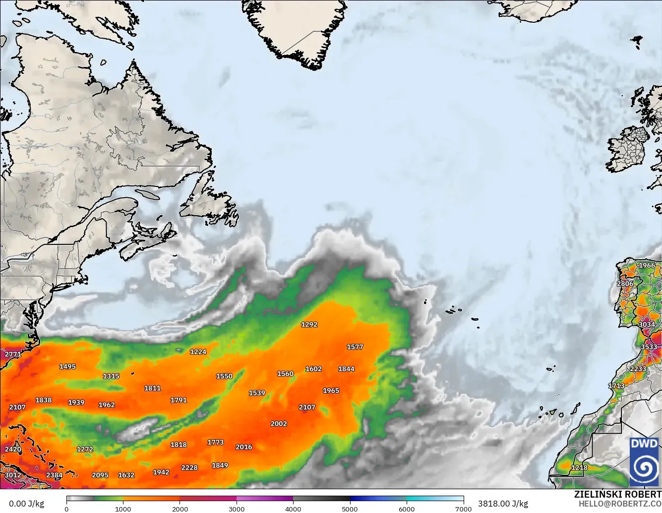 ICON model - North Atlantic, CAPE
