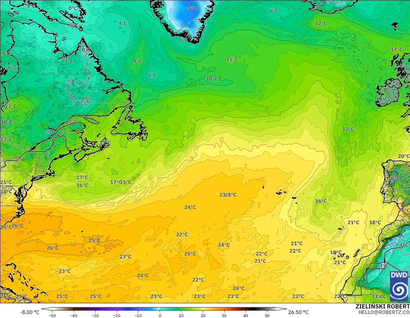 ICON model - North Atlantic, Dewpoint at 2m