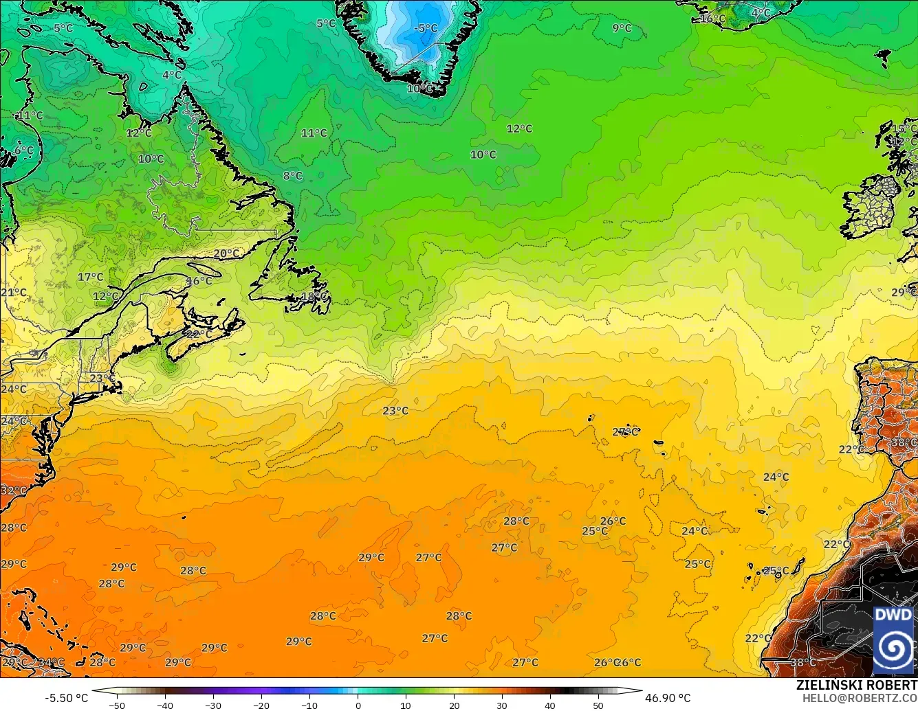 ICON model - North Atlantic, Temperature at 2m