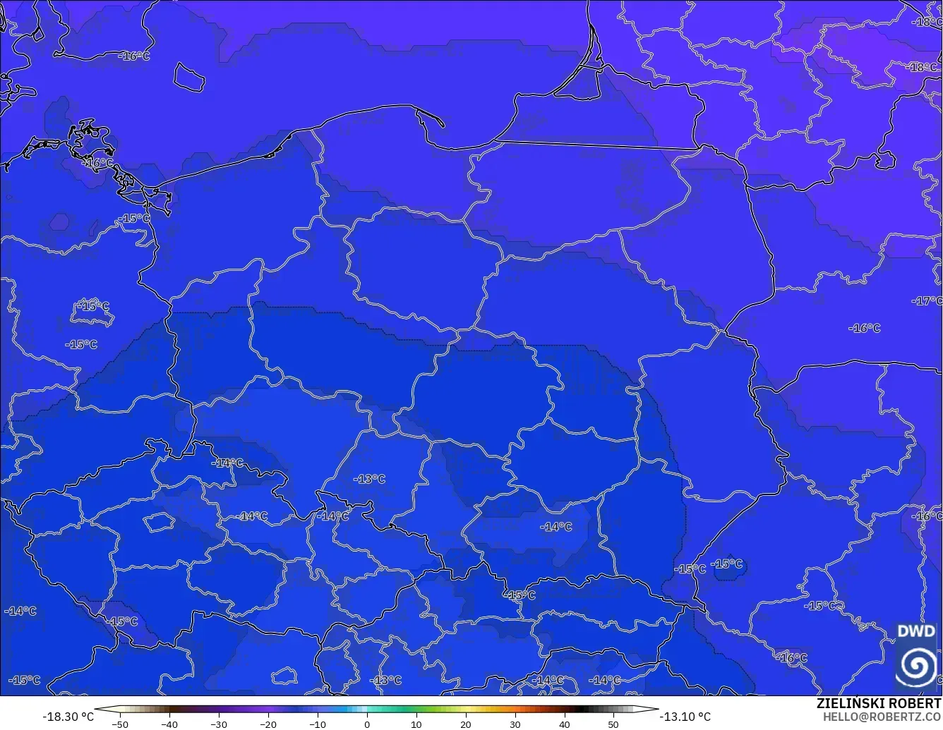 ICON model - Poland, Temperature at 500hPa