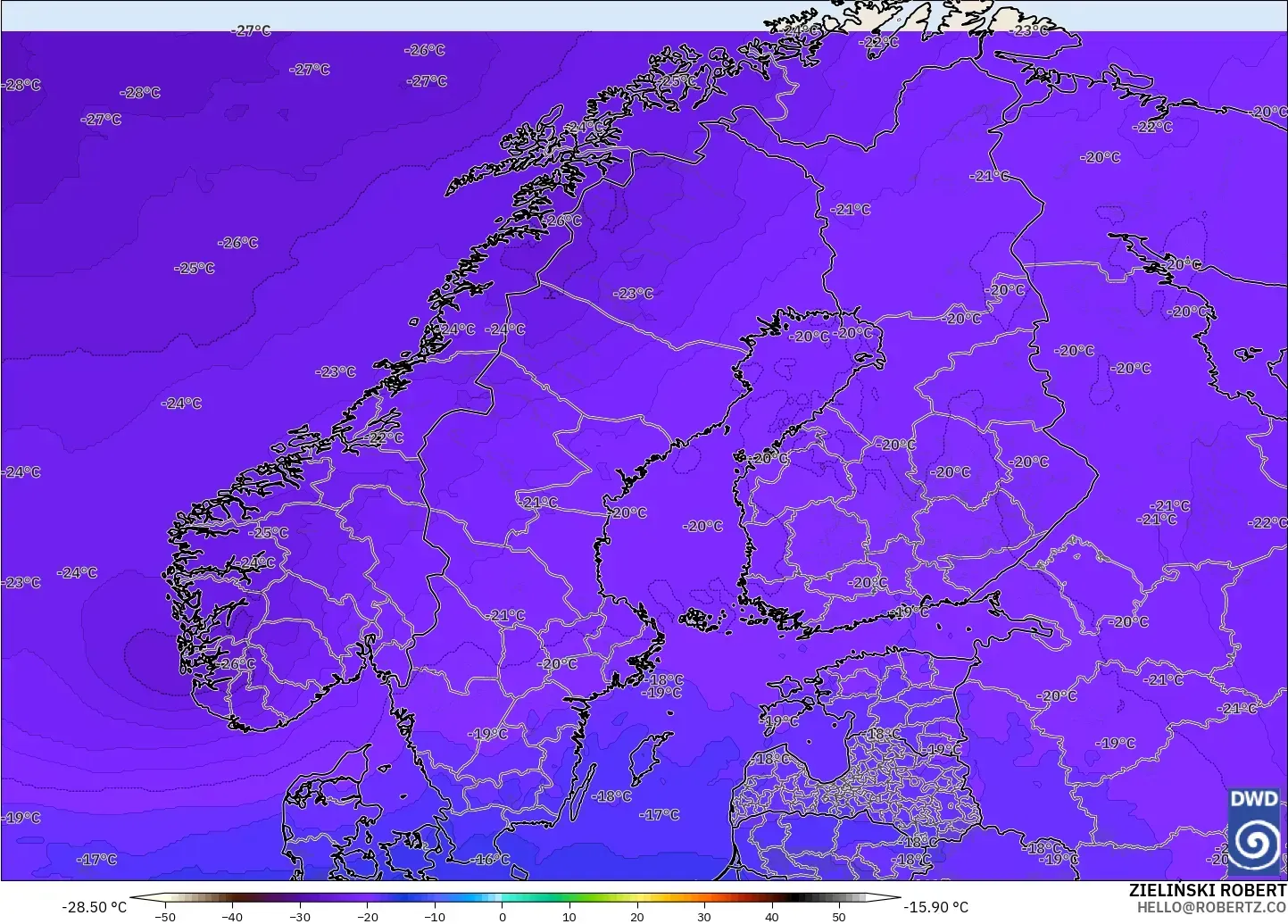 ICON model - Scandinavia, Temperature at 500hPa