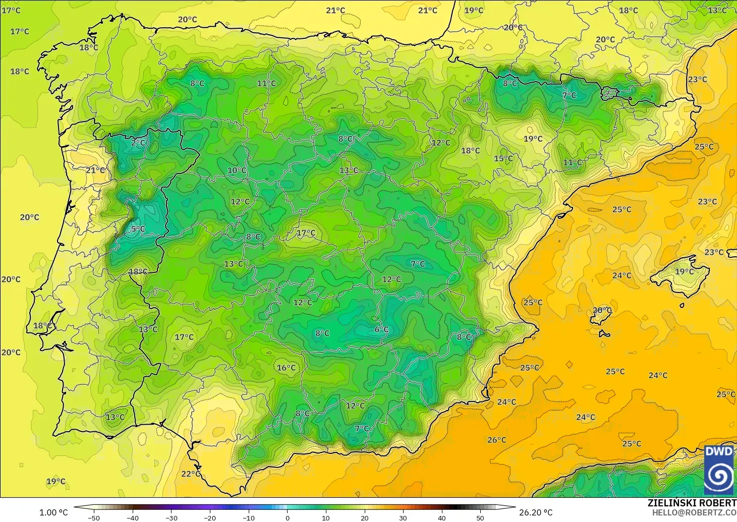 ICON model - Spain, Dewpoint at 2m