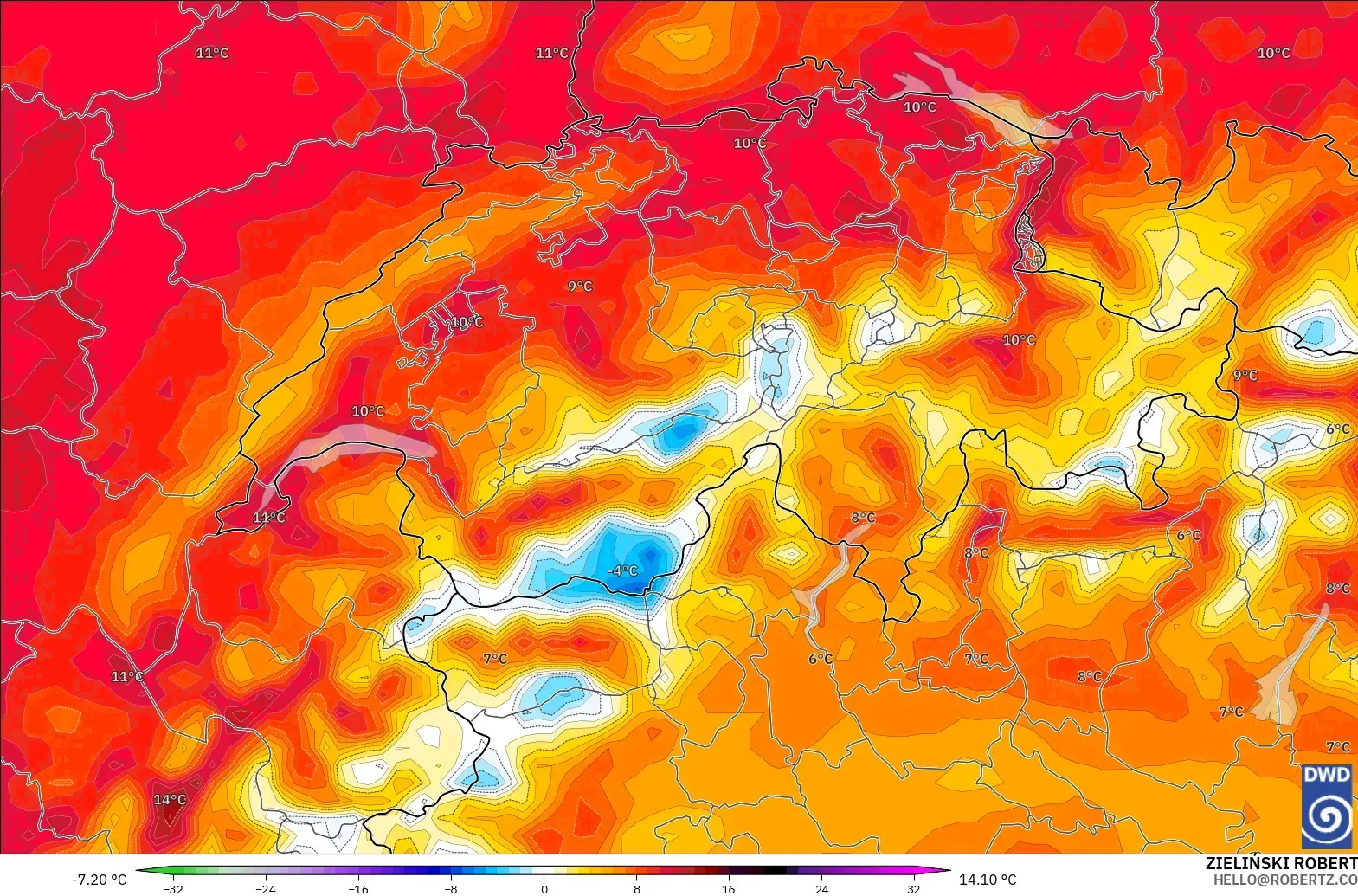 ICON model - Switzerland, Temperature at 2m Anomaly