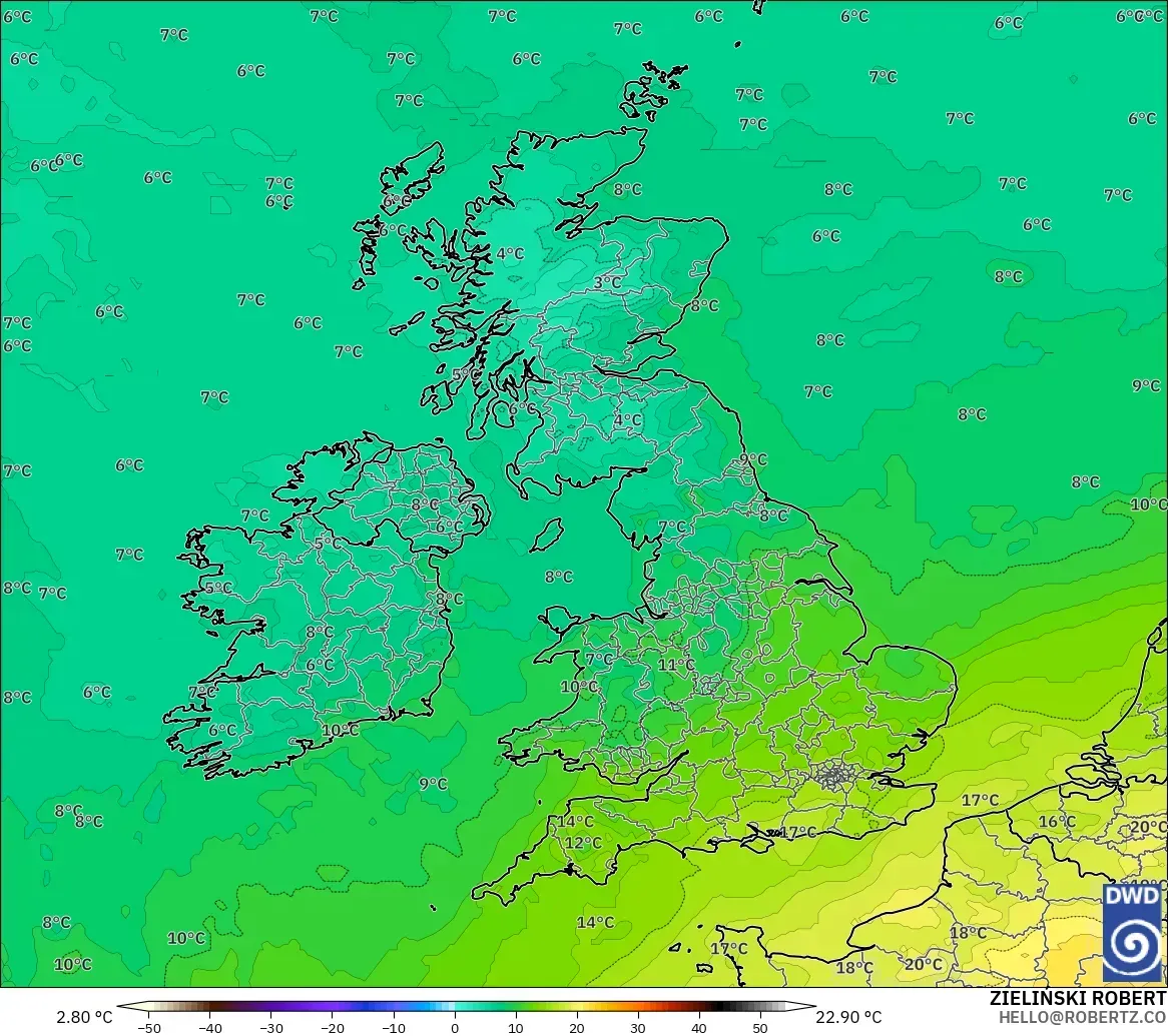 ICON model - United Kingdom, Temperature at 850hPa