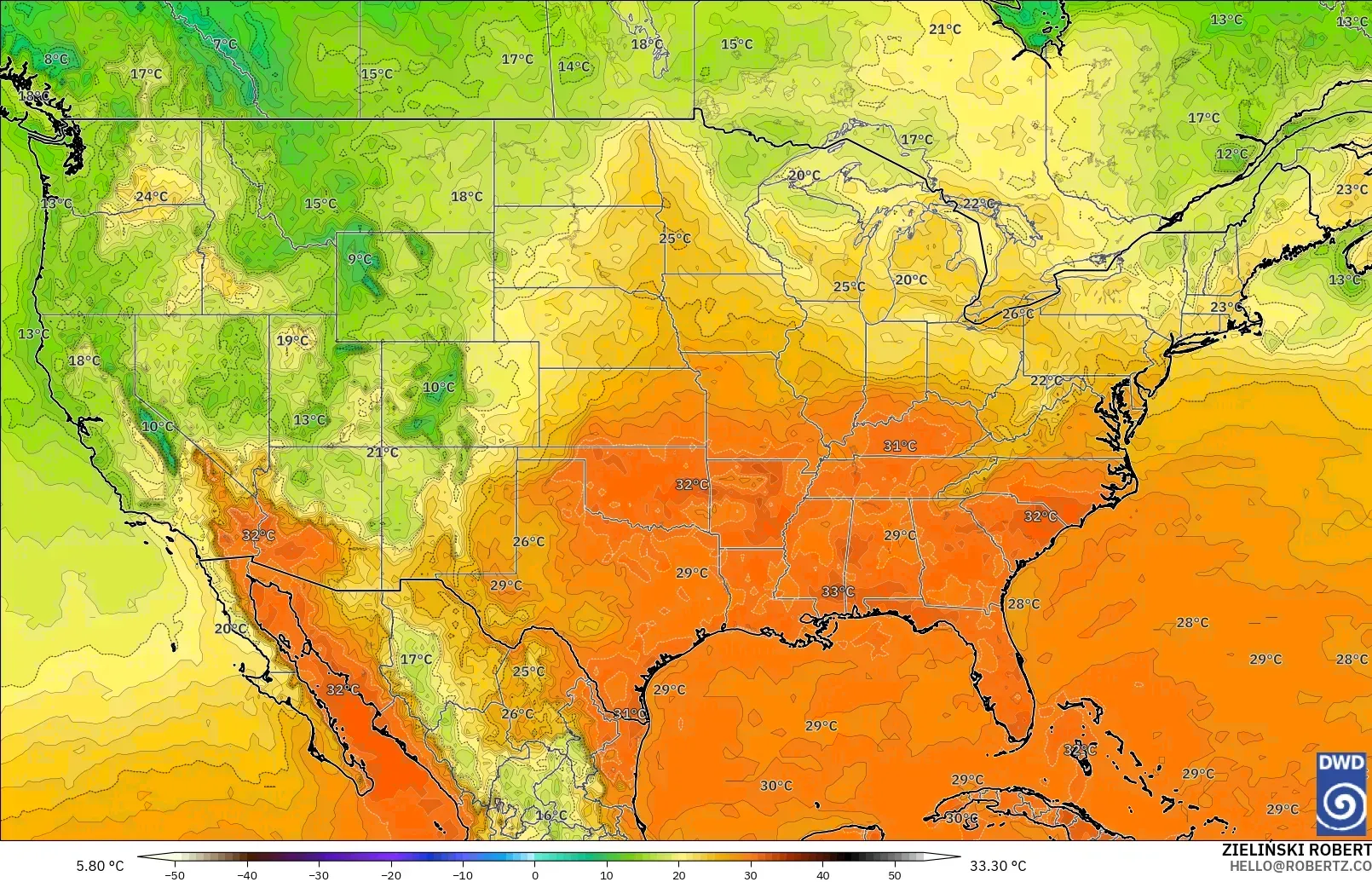 ICON model - United States, Temperature at 2m