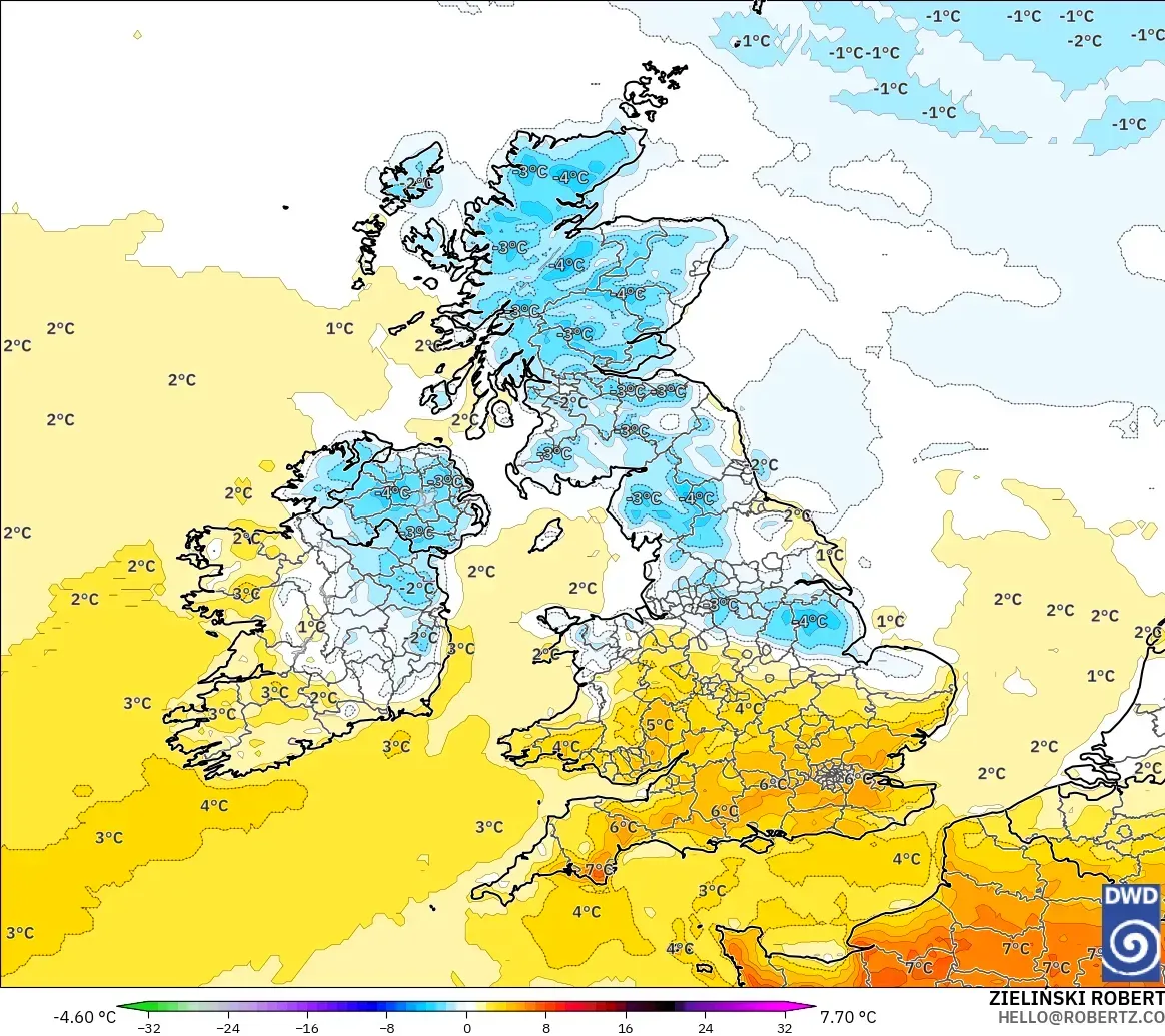 ICON model - United Kingdom, Temperature at 2m Anomaly