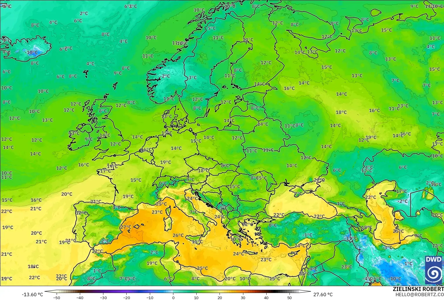ICON model - Europe, Dewpoint at 2m