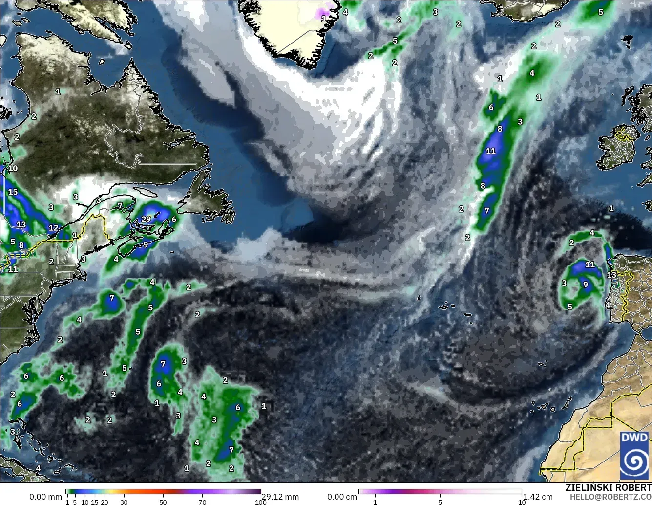 ICON model - North Atlantic, Precipitation, Clouds, and Pressure