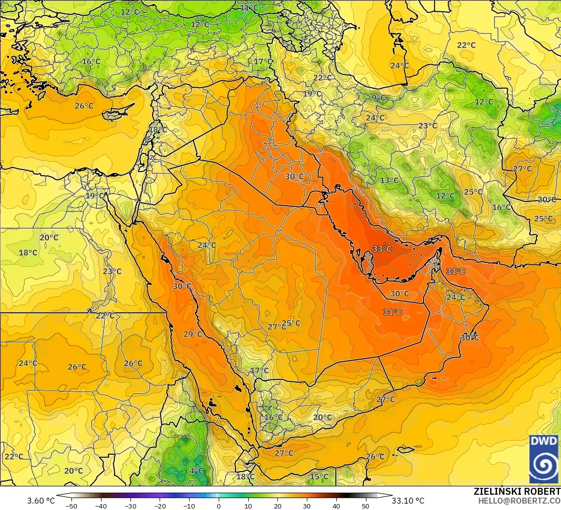 ICON model - Middle East, Temperature at 850hPa