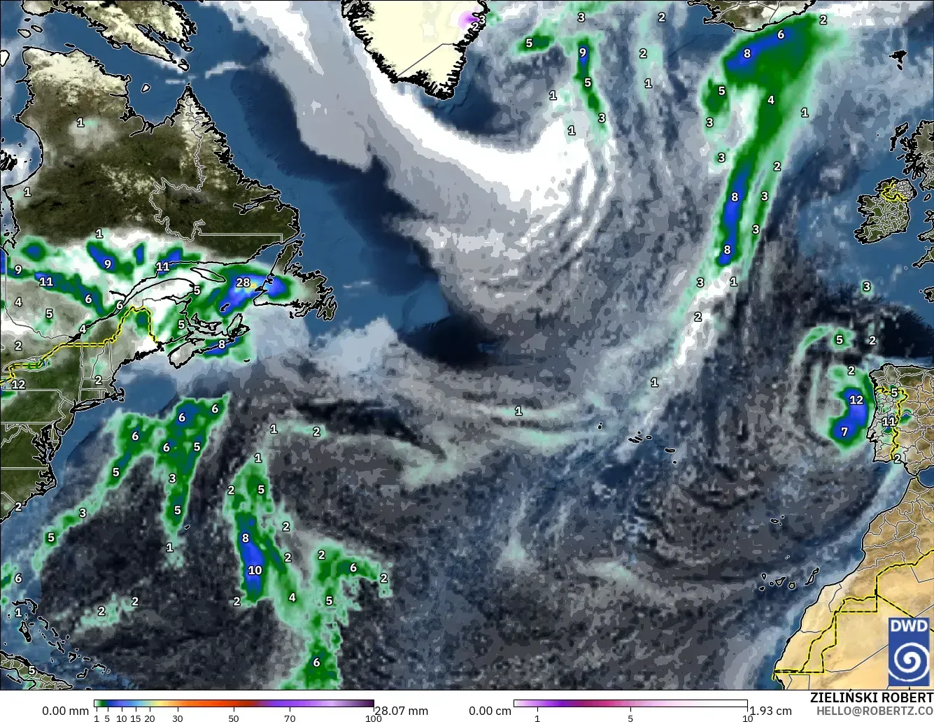 ICON model - North Atlantic, Precipitation, Clouds, and Pressure