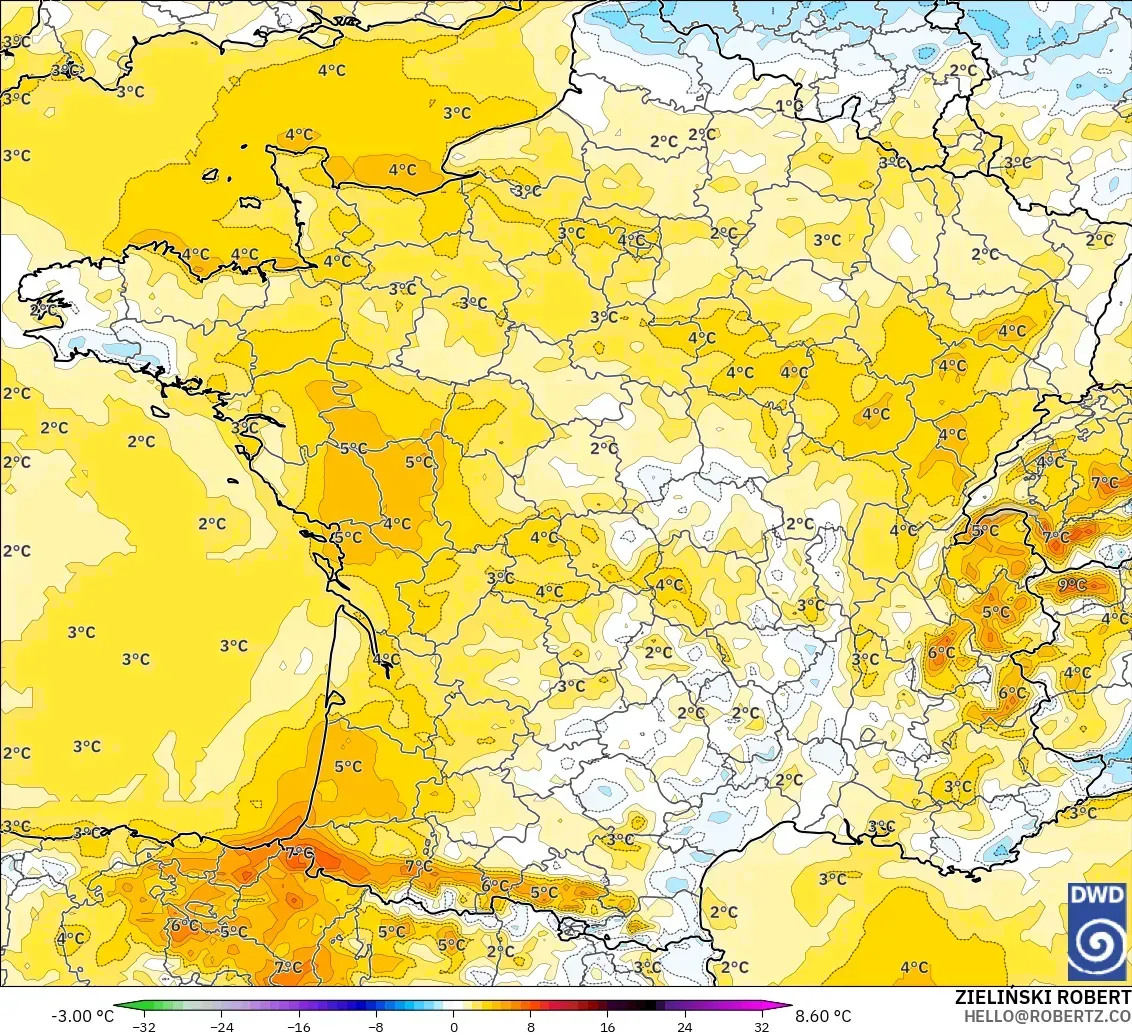 ICON model - France, Temperature at 2m Anomaly