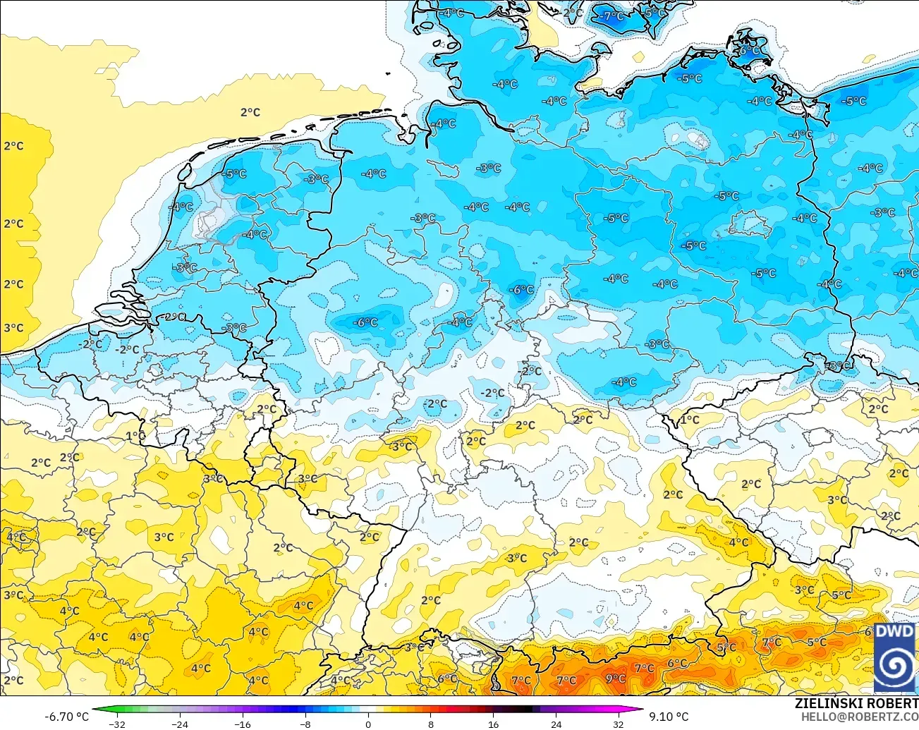 ICON model - Germany, Temperature at 2m Anomaly