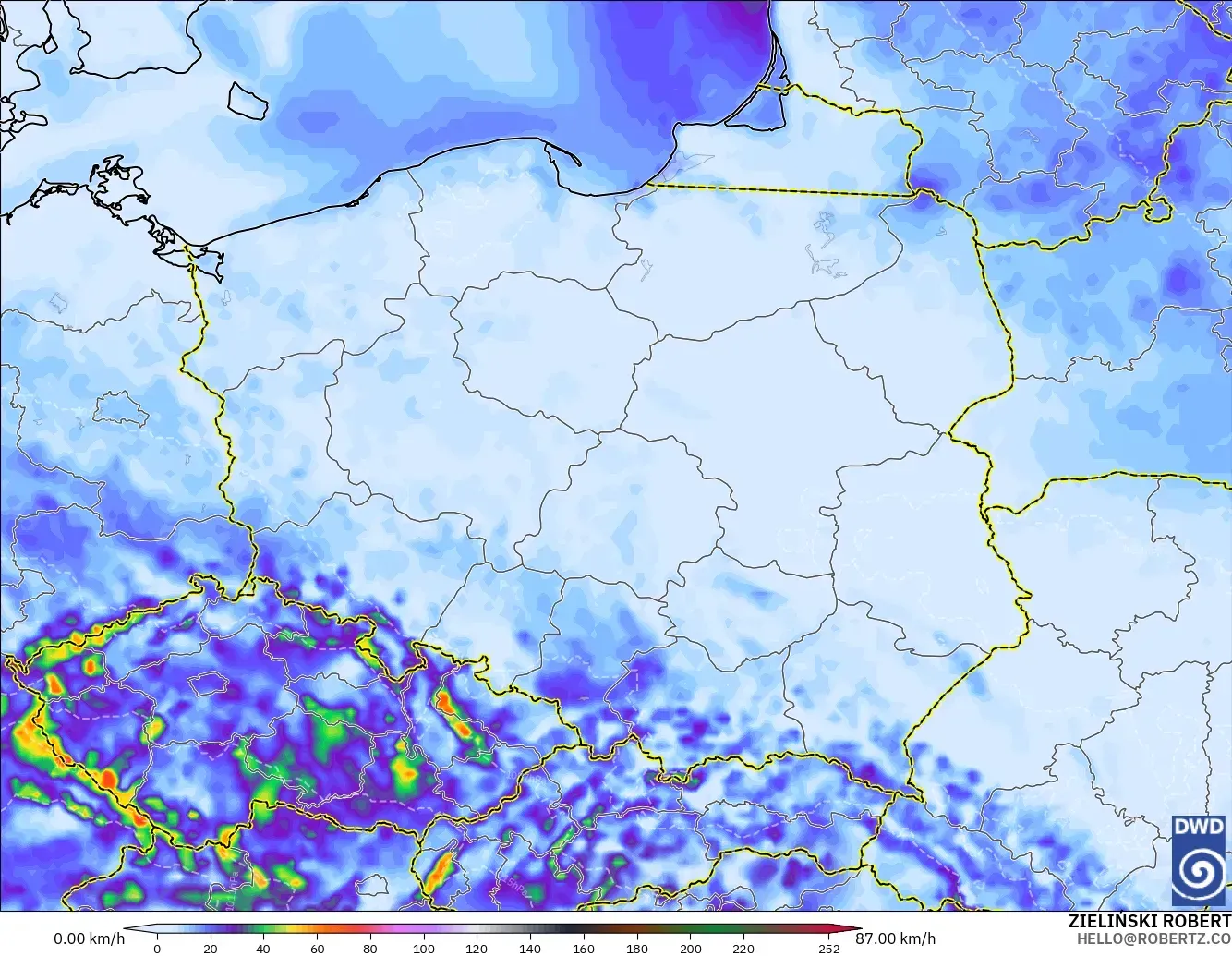 ICON model - Poland, Wind Gusts