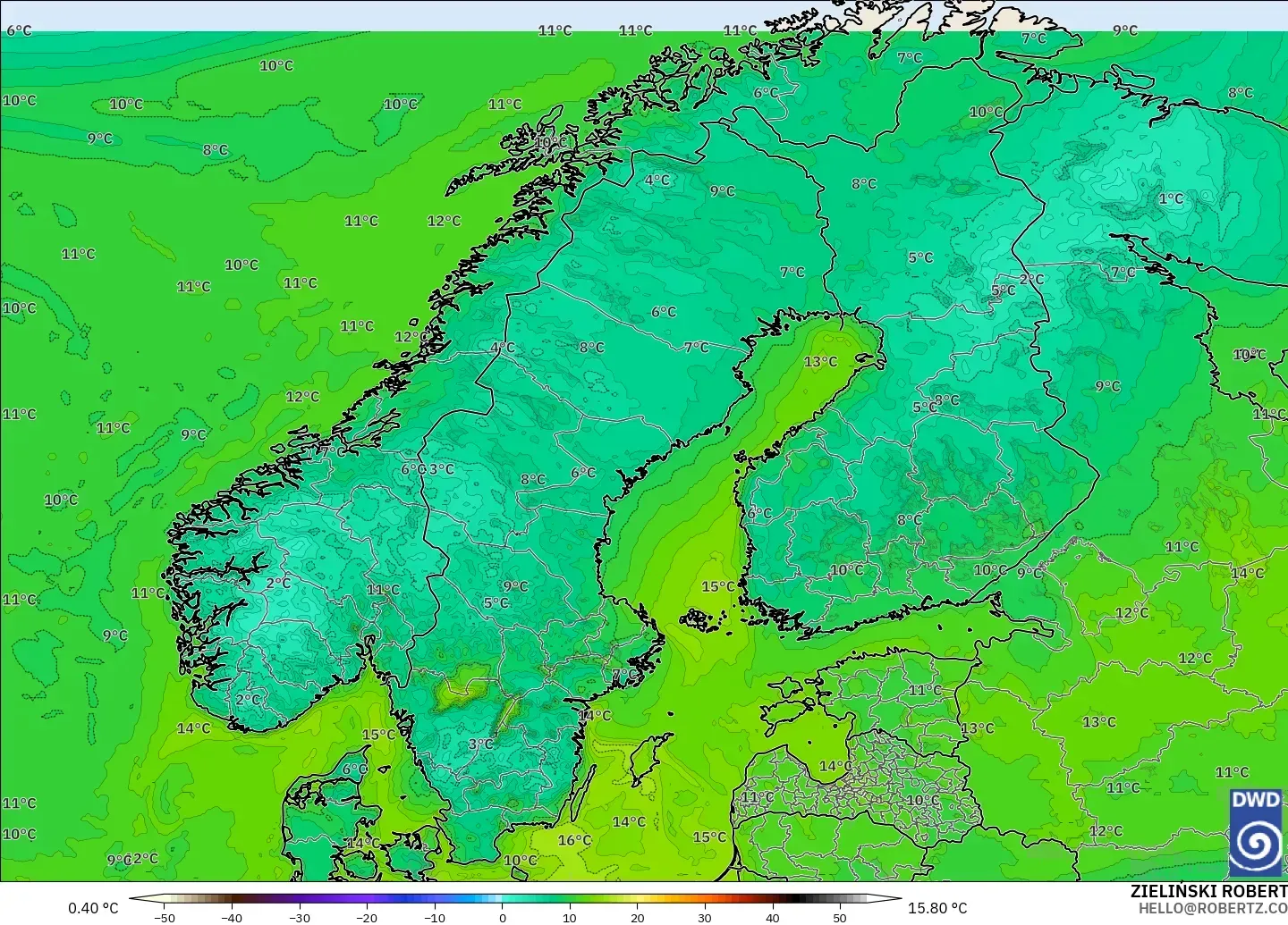 ICON model - Scandinavia, Dewpoint at 2m