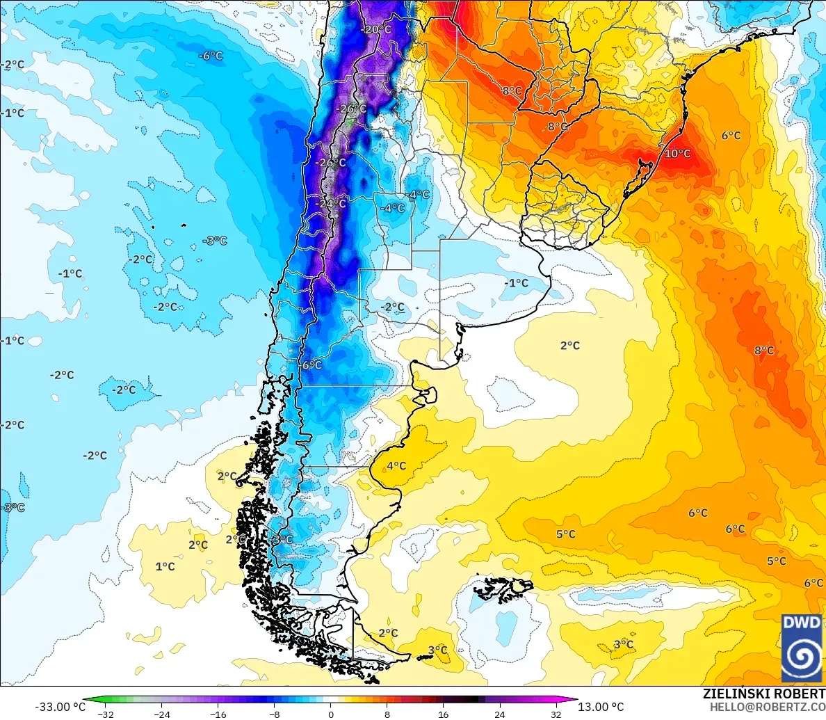ICON model - Argentina, Temperature at 850hPa Anomaly