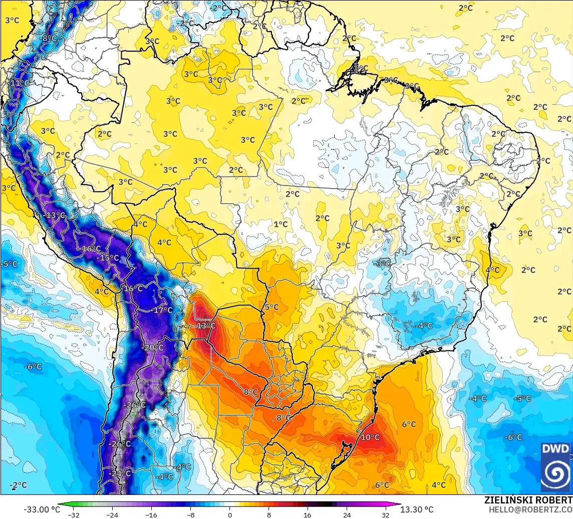 ICON model - Brazil, Temperature at 850hPa Anomaly