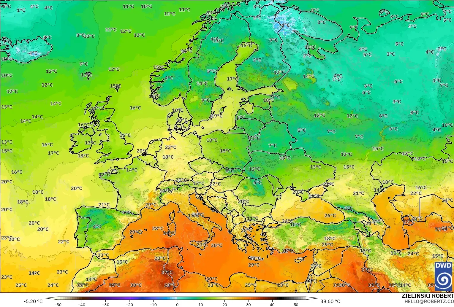 ICON model - Europe, Temperature at 2m