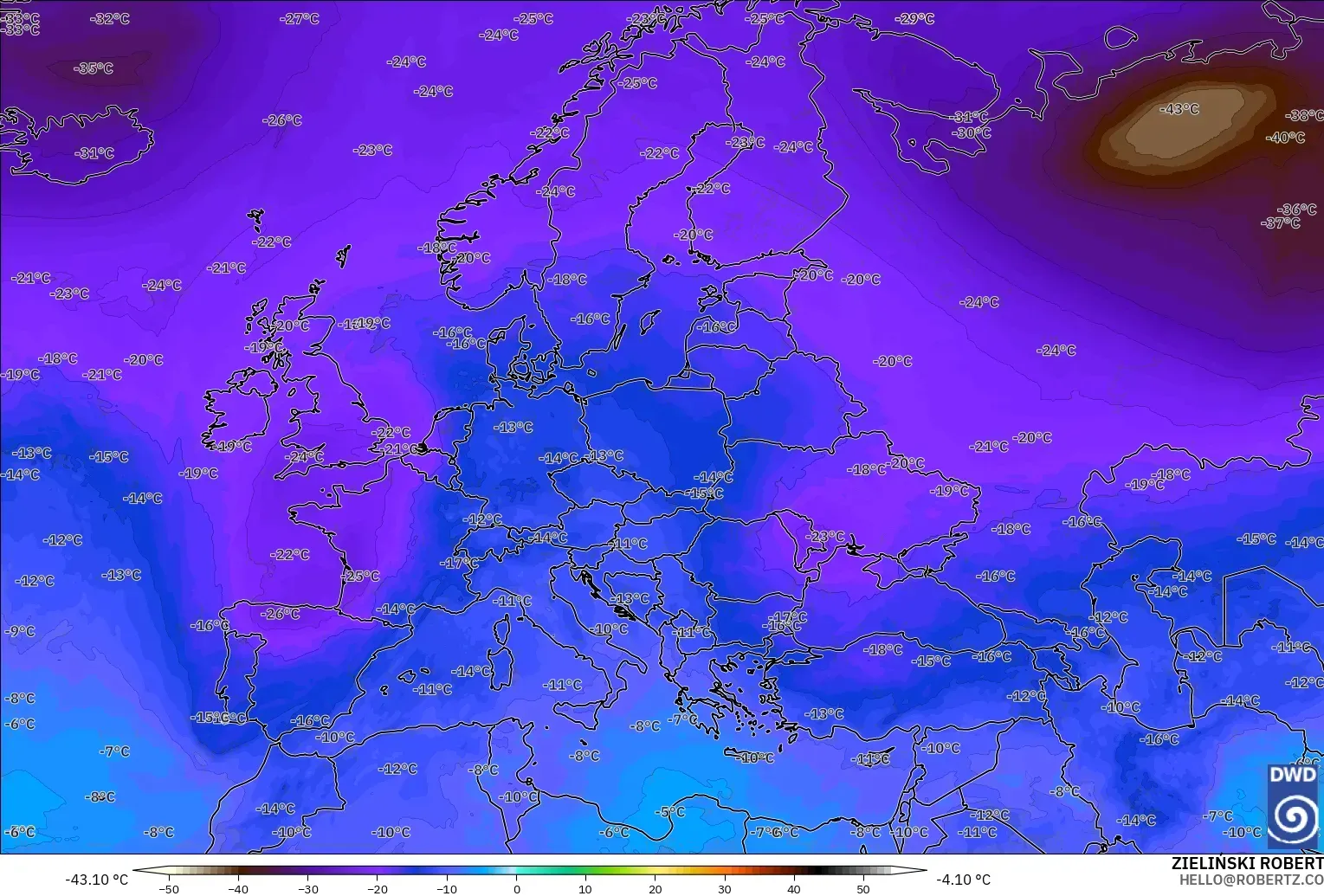 ICON model - Europe, Temperature at 500hPa
