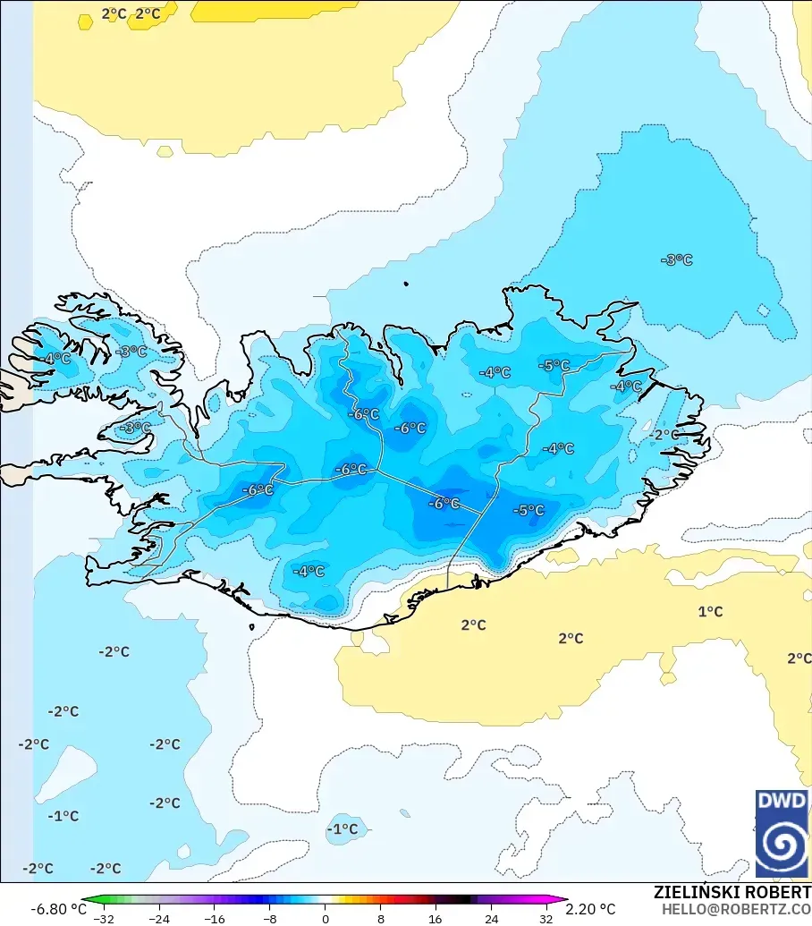 ICON model - Iceland, Temperature at 850hPa Anomaly