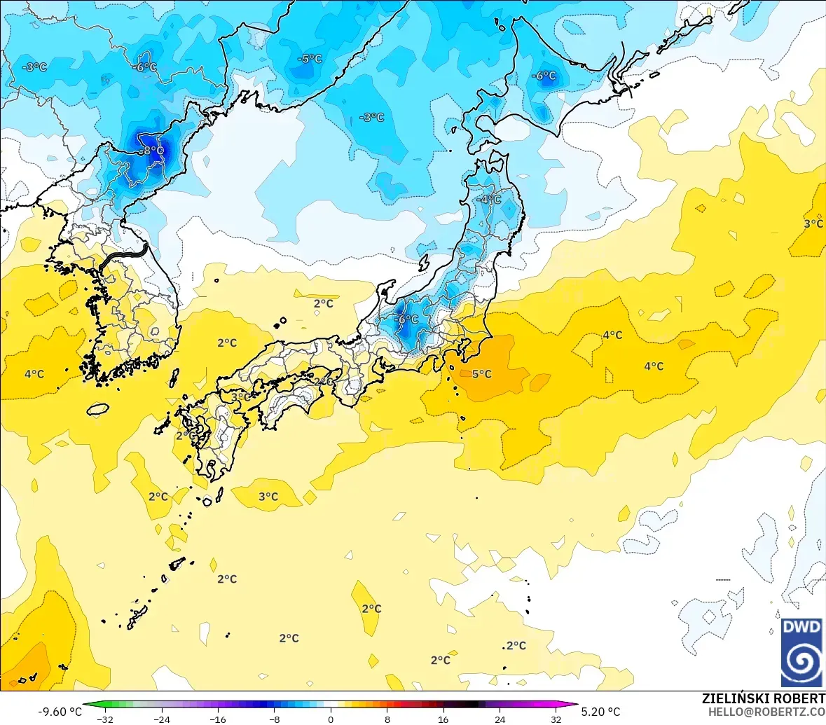 ICON model - Japan, Temperature at 850hPa Anomaly