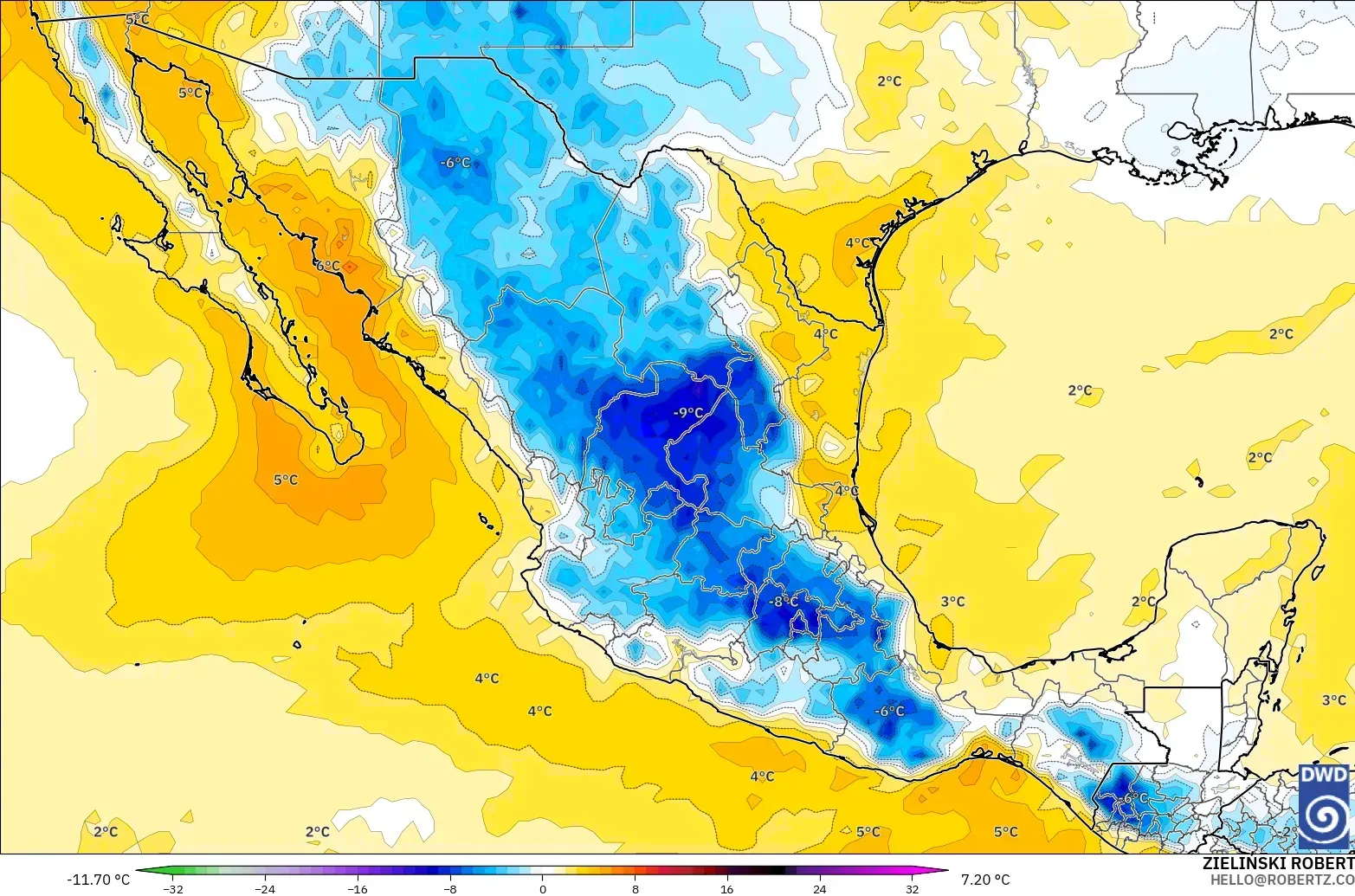 ICON model - Mexico, Temperature at 850hPa Anomaly