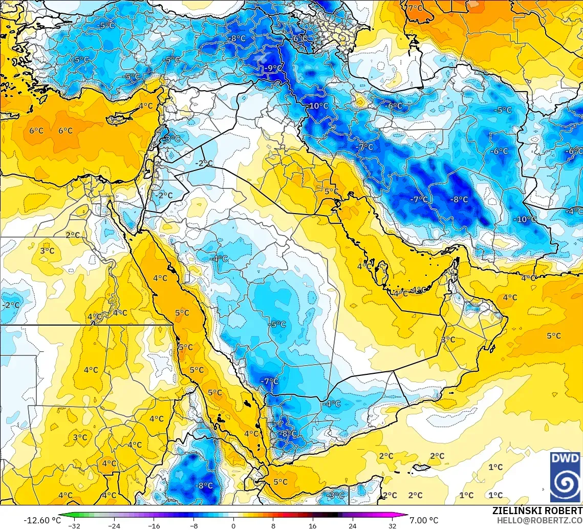 ICON model - Middle East, Temperature at 850hPa Anomaly