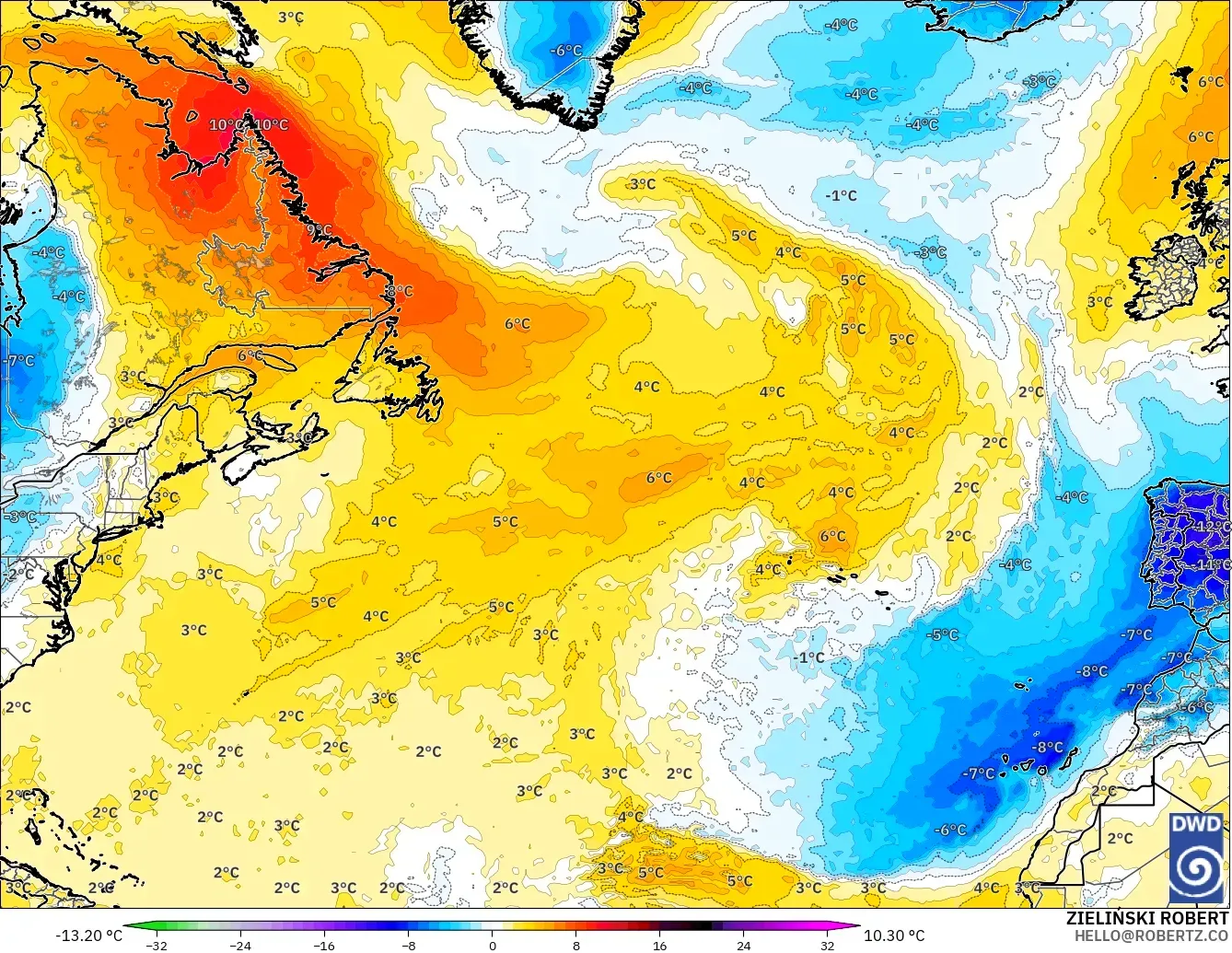 ICON model - North Atlantic, Temperature at 850hPa Anomaly