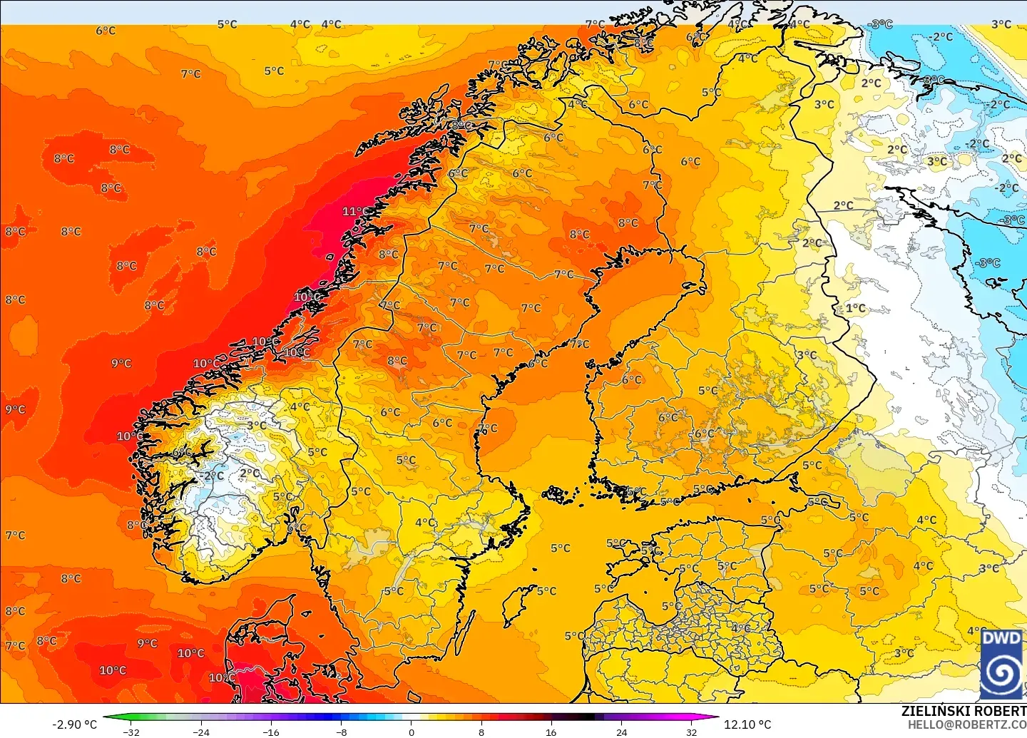ICON model - Scandinavia, Temperature at 850hPa Anomaly