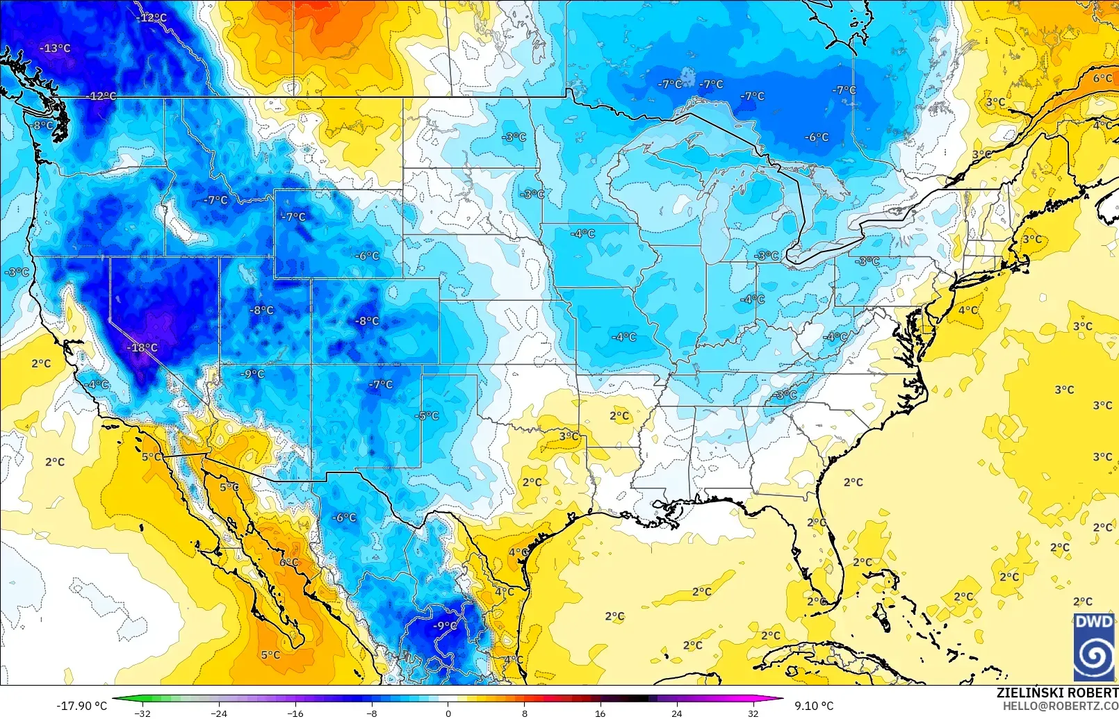 ICON model - United States, Temperature at 850hPa Anomaly