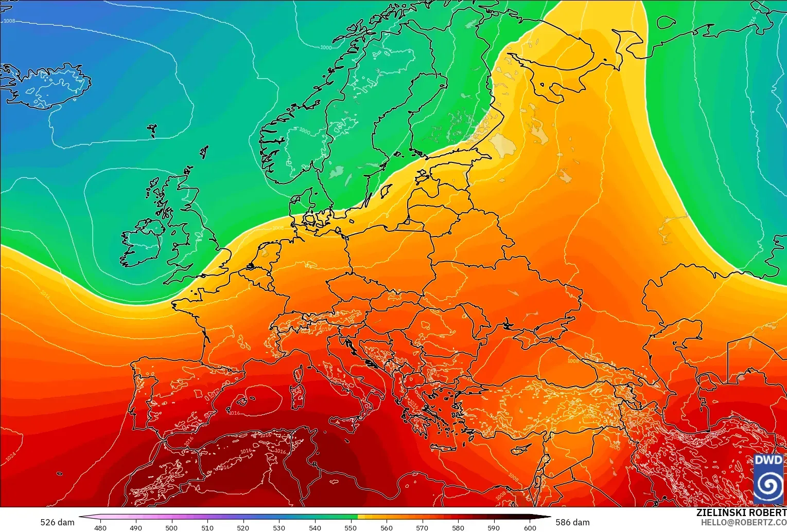 ICON model - Europe, Geopotential height at 500hPa