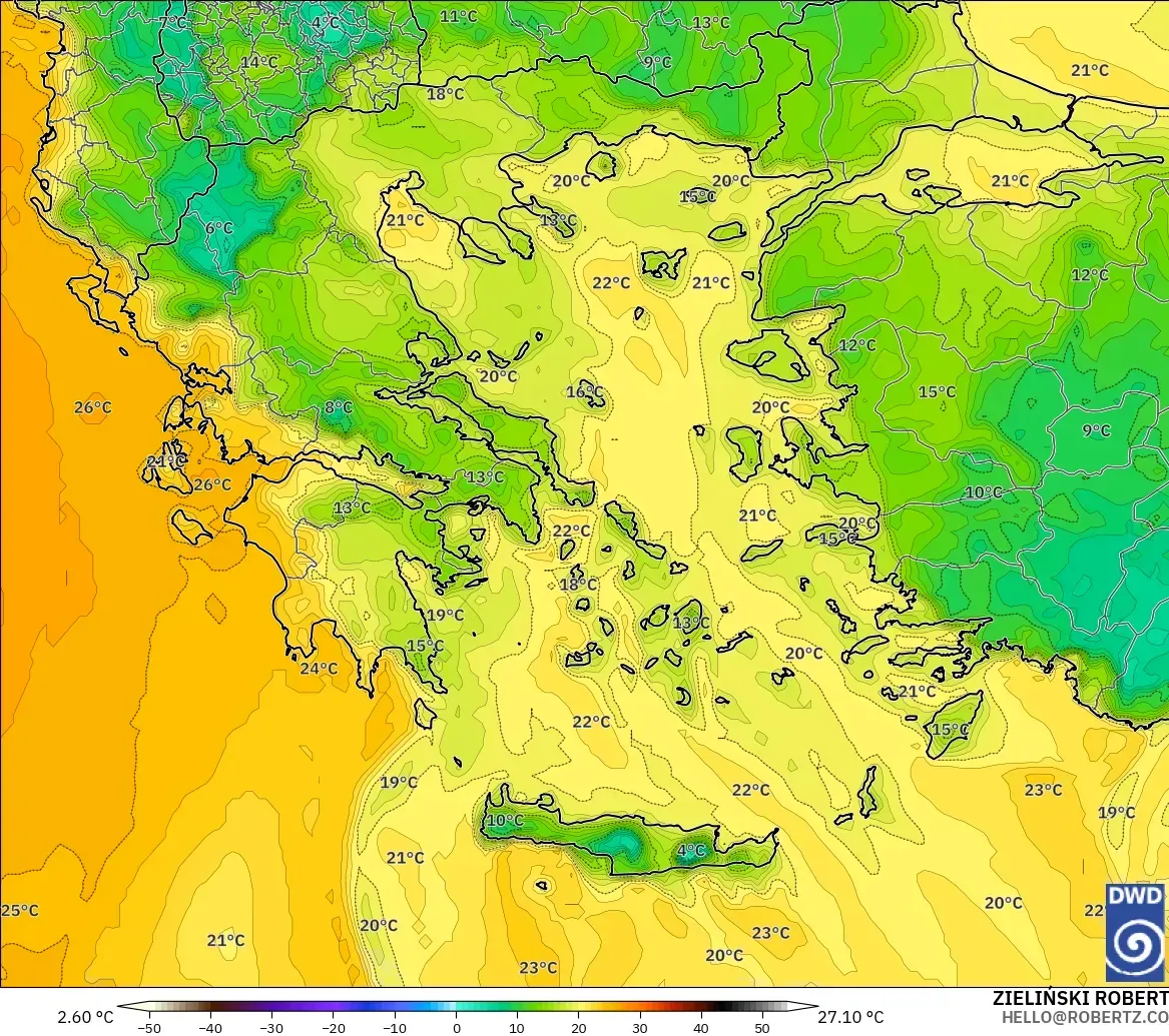 ICON model - Greece, Dewpoint at 2m