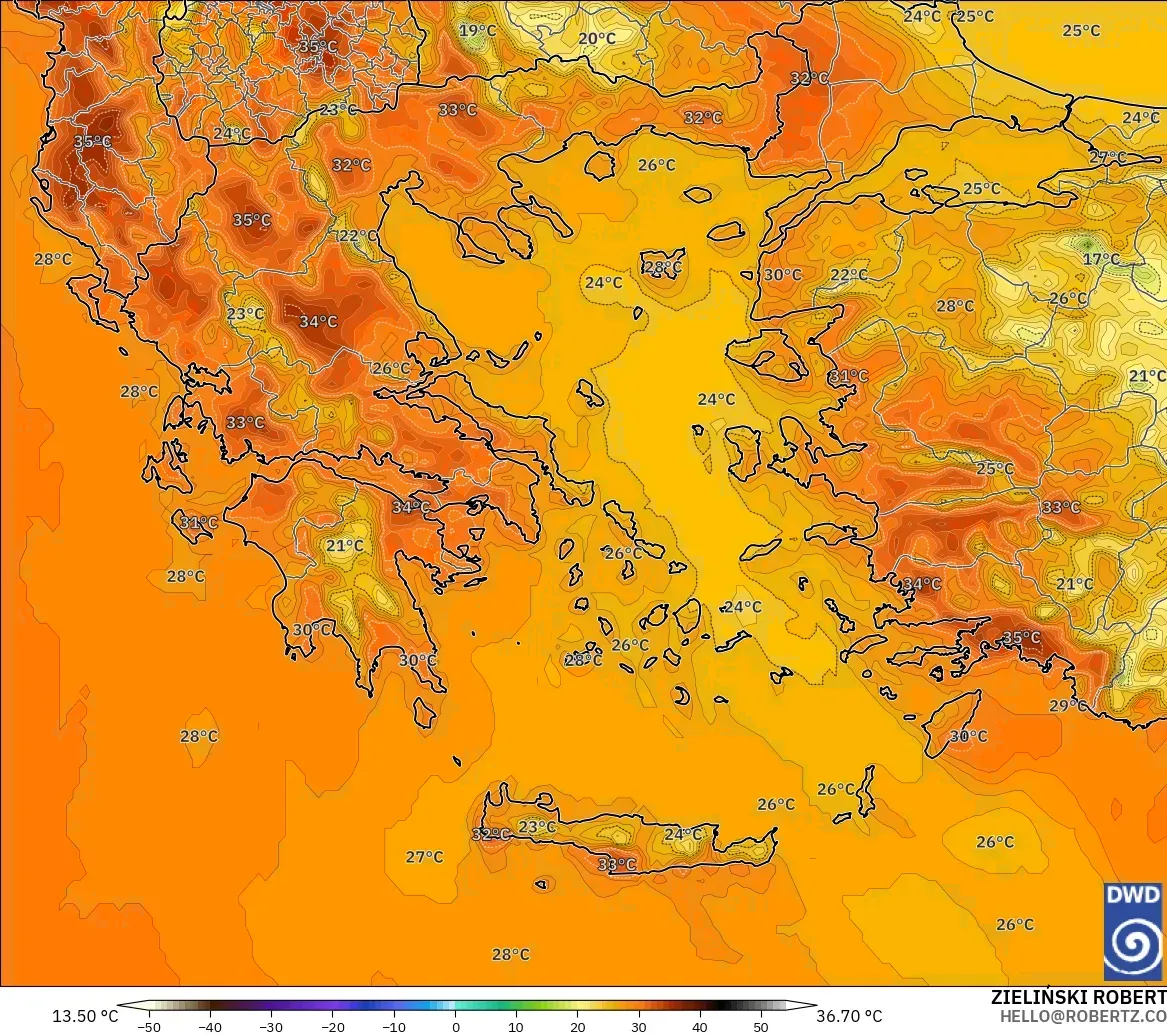 ICON model - Greece, Temperature at 2m