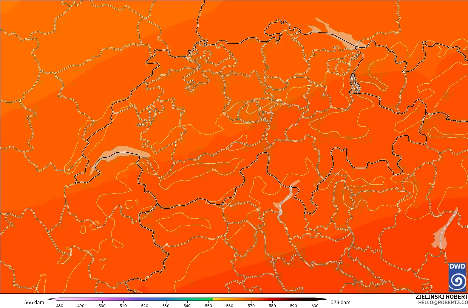 ICON model - Switzerland, Geopotential height at 500hPa