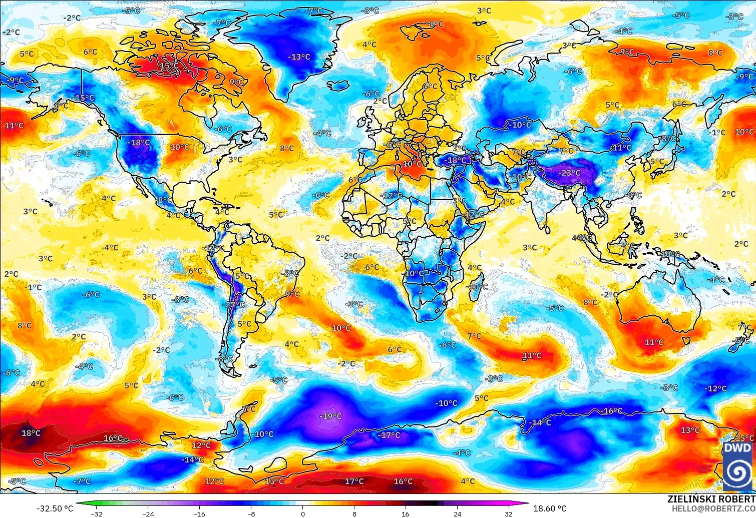 ICON model - World, Temperature at 850hPa Anomaly