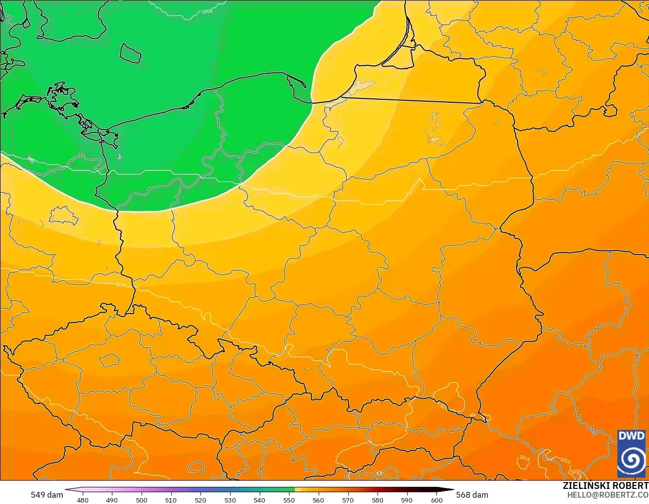 ICON model - Poland, Geopotential height at 500hPa