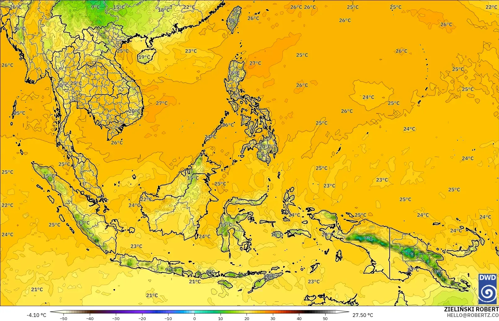 ICON model - South East Asia, Dewpoint at 2m