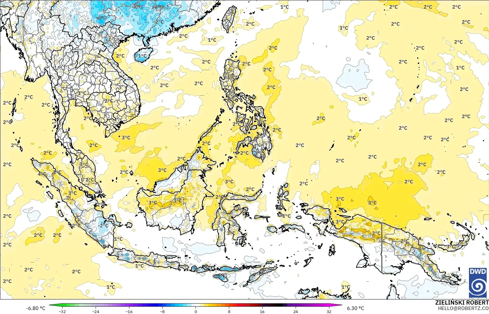 ICON model - South East Asia, Temperature at 2m Anomaly