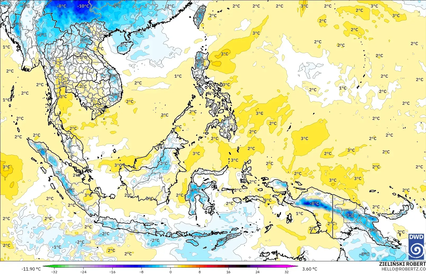 ICON model - South East Asia, Temperature at 850hPa Anomaly