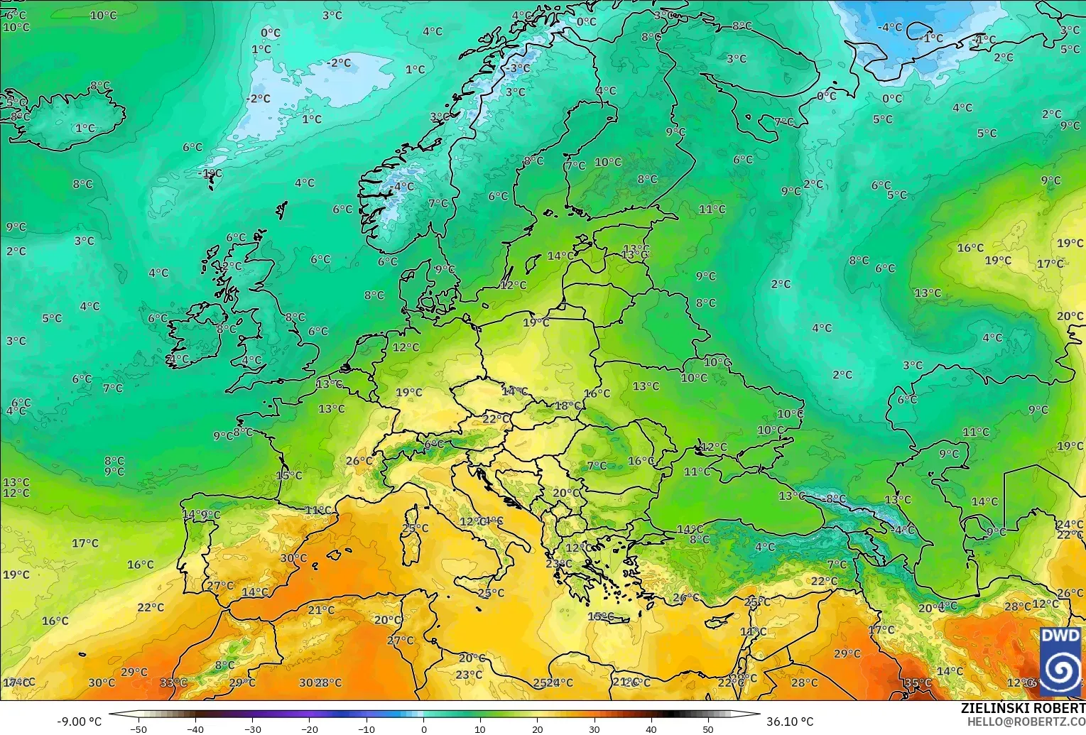 ICON model - Europe, Temperature at 850hPa
